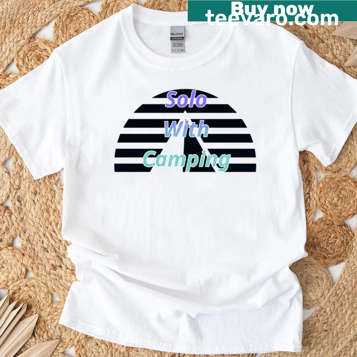Charming camping illustration on a T-shirt with tent and trees — on a men's t-shirt