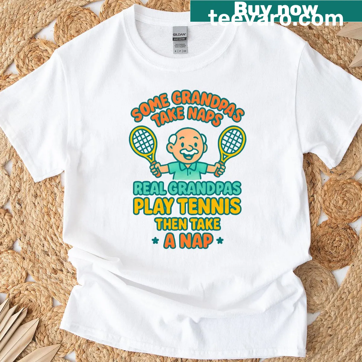 Funny grandpa t-shirt with tennis theme and humorous text — on a men's t-shirt