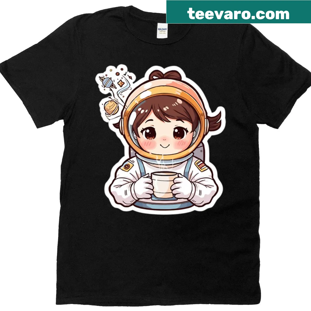 Cute cartoon astronaut with coffee in space design — on a men's t-shirt
