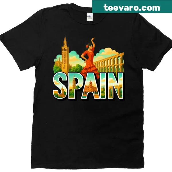 Stylish t-shirt featuring creative typography spelling 'Spain.'
