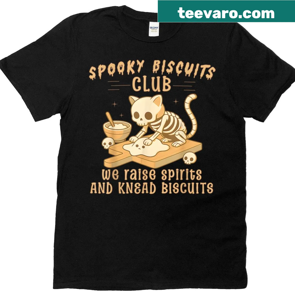 T-shirt with a cat skeleton baking cookies and 'Spooky Biscuits Club' text — on a men's t-shirt