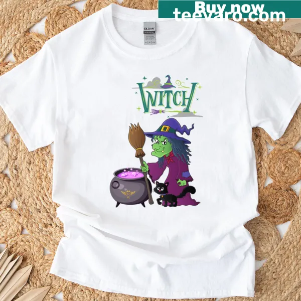 Witch brewing potion graphic on Halloween t-shirt
