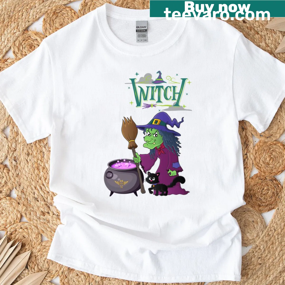 Witch brewing potion graphic on Halloween t-shirt — on a men's t-shirt