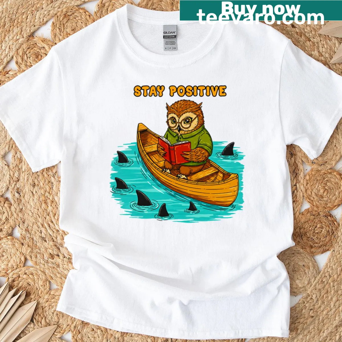 Funny owl illustration with 'Stay Positive' text — on a men's t-shirt