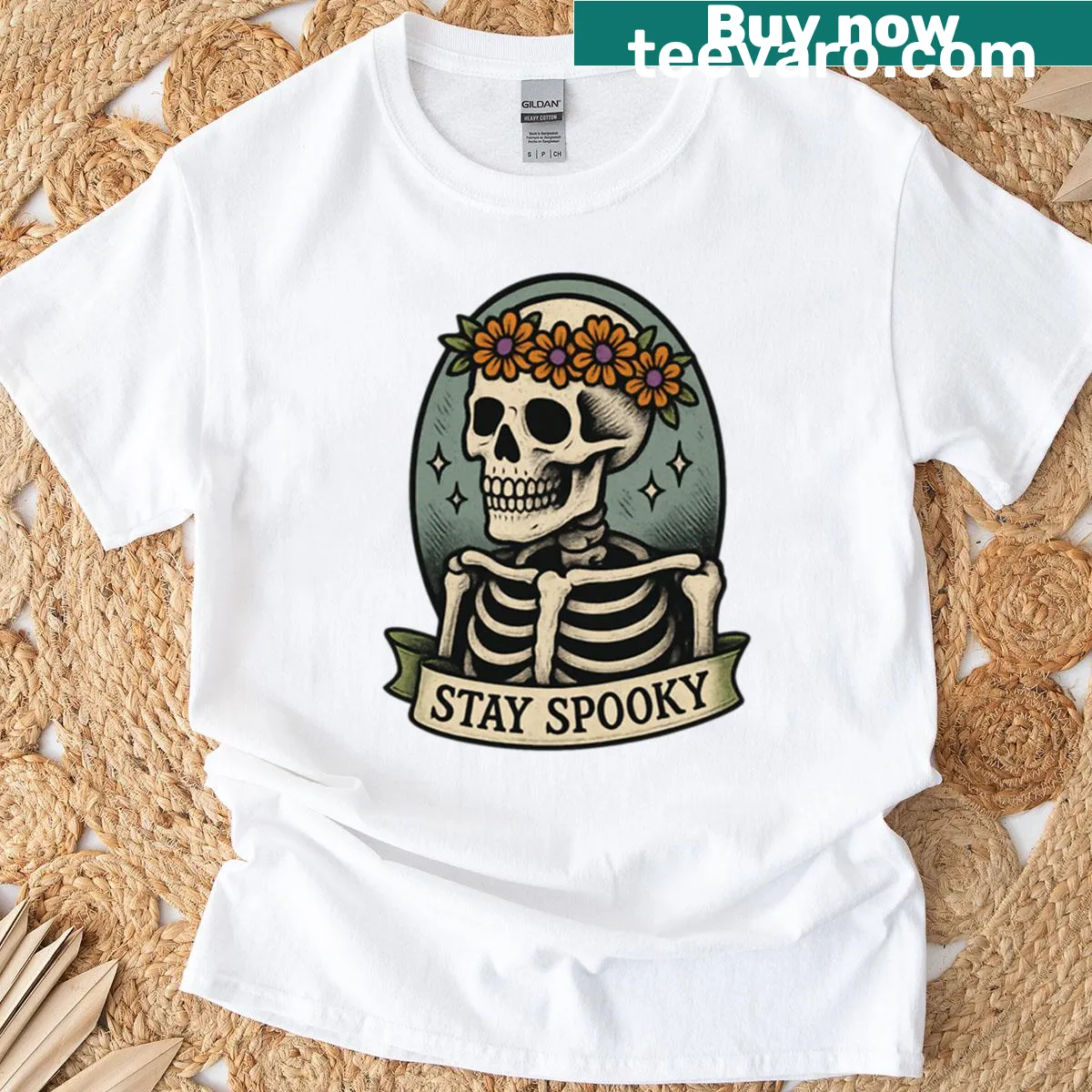 T-shirt featuring a skeleton with a flower crown design for Halloween. — on a men's t-shirt