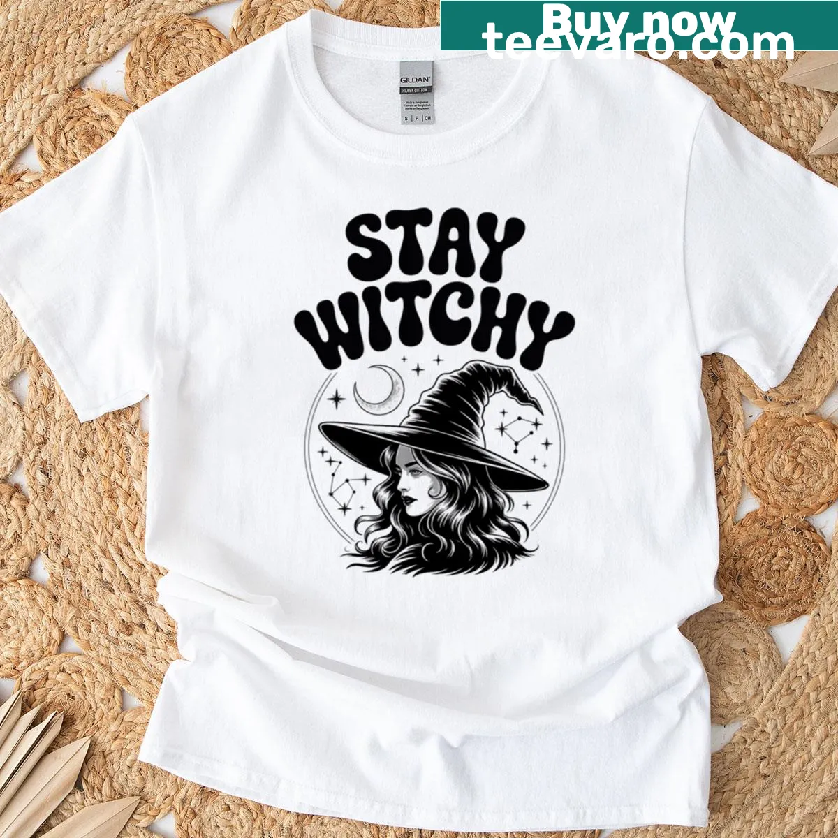 Illustrated T-shirt with 'Stay Witchy' text and witch graphics. — on a men's t-shirt