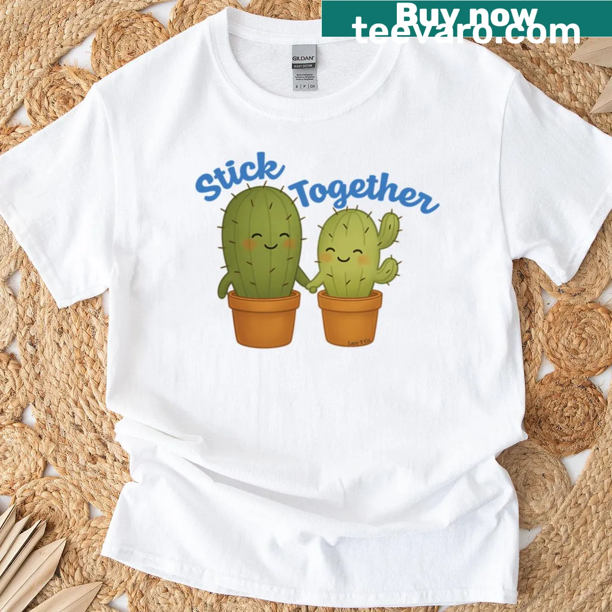 Kawaii cactus T-shirt with pun 'Stick Together' — on a men's t-shirt