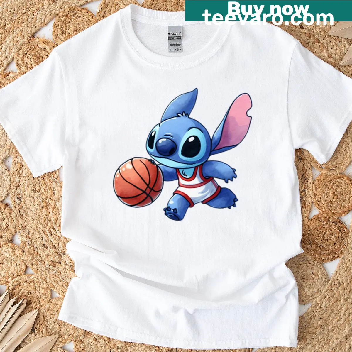 Playful Stitch character dribbling a basketball on a T-shirt — on a men's t-shirt