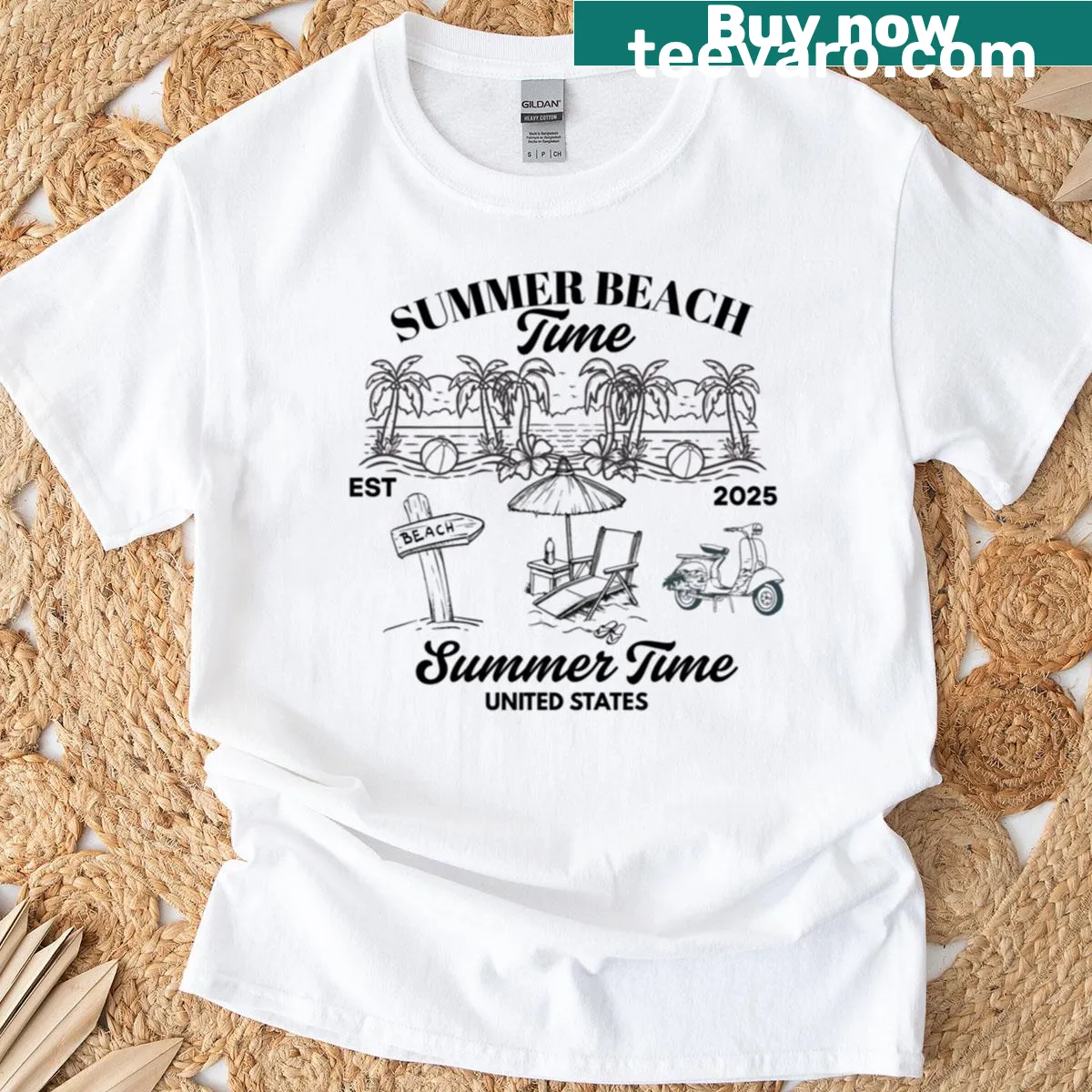 Playful T-shirt design celebrating summer beach time in the USA. — on a men's t-shirt