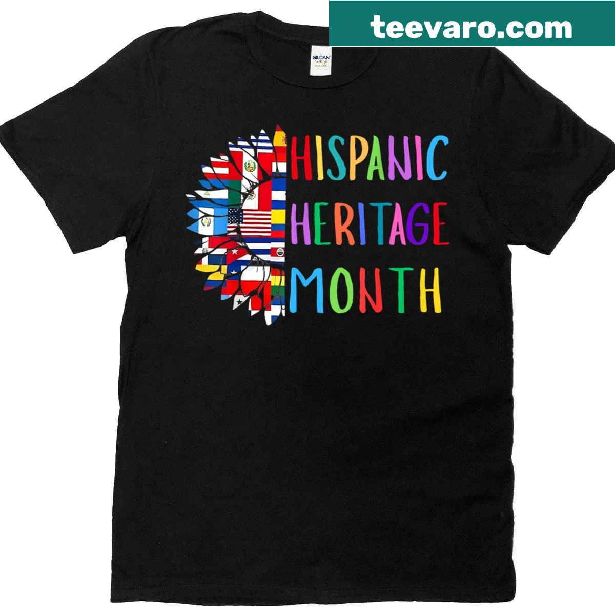 T-shirt featuring sunflowers and flags for Hispanic Heritage Month — on a men's t-shirt