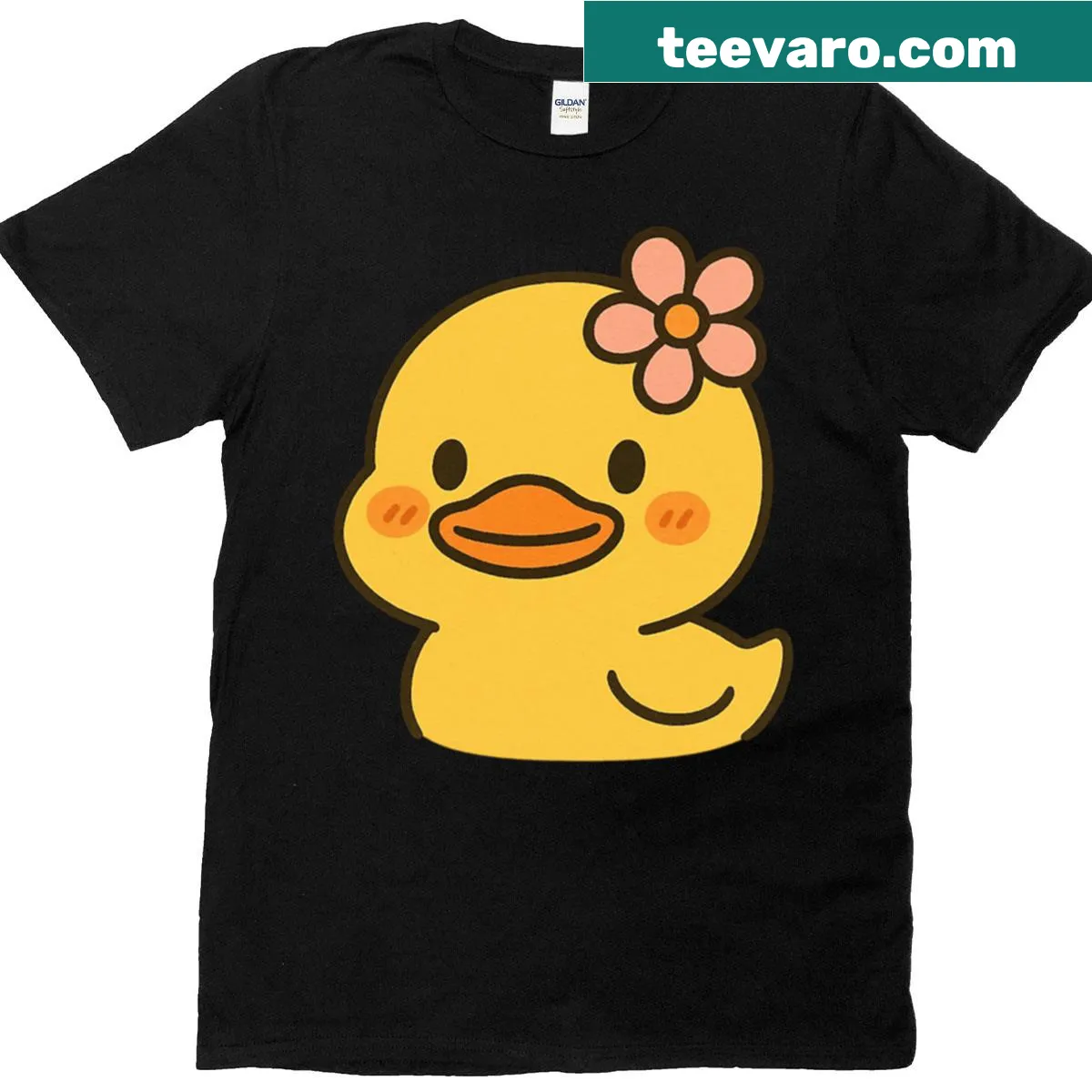 Cute kawaii-style shirt featuring a sunny duck with a blossom clip — on a men's t-shirt