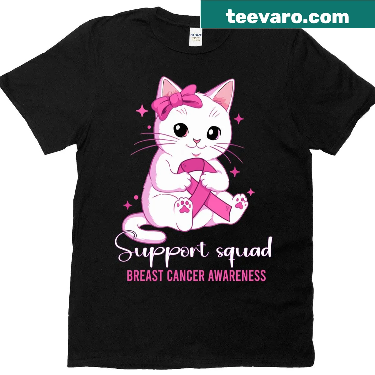 Breast cancer awareness t-shirt with cat graphic and support message — on a men's t-shirt