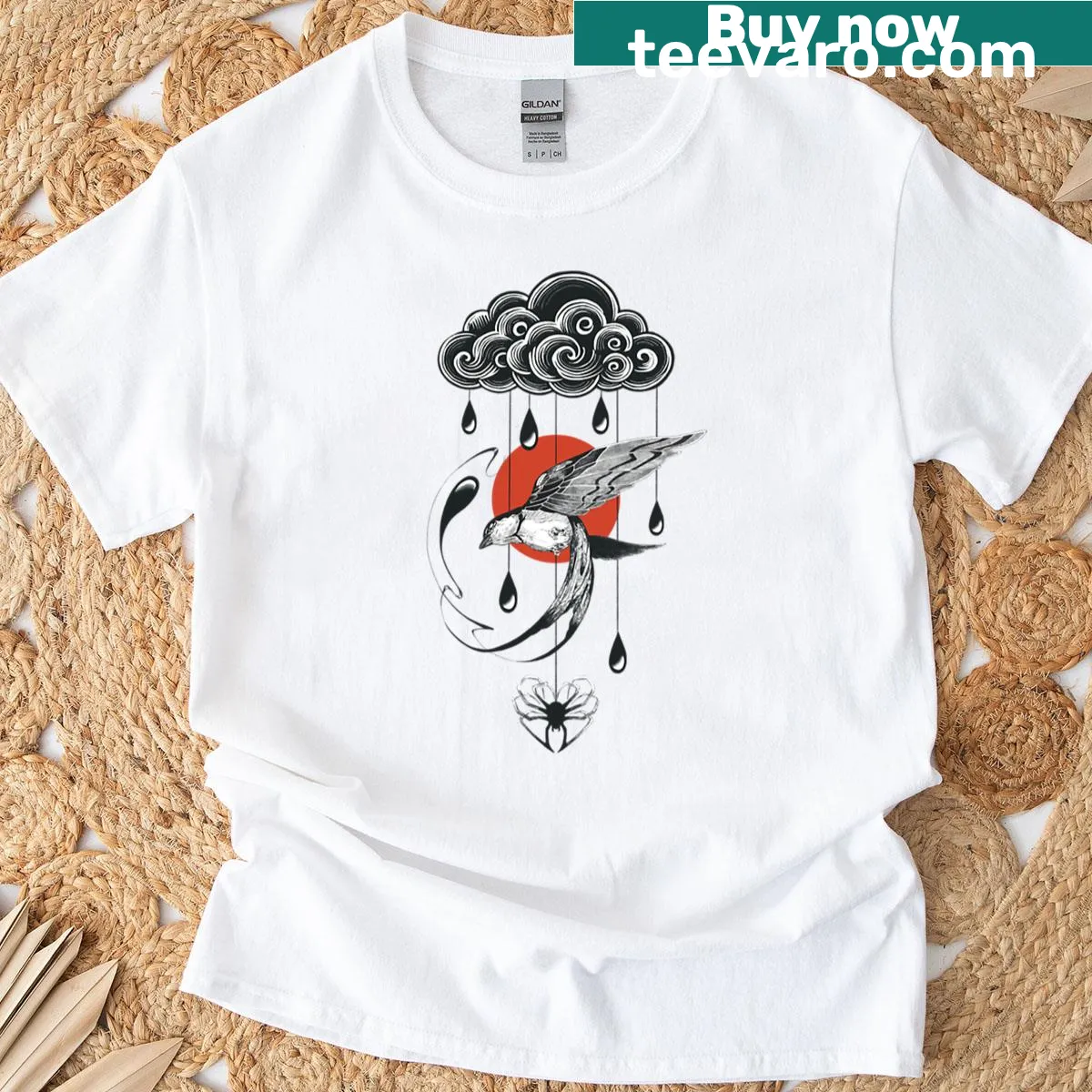 Surreal dark abstract bird and cloud illustration with red sun — on a men's t-shirt
