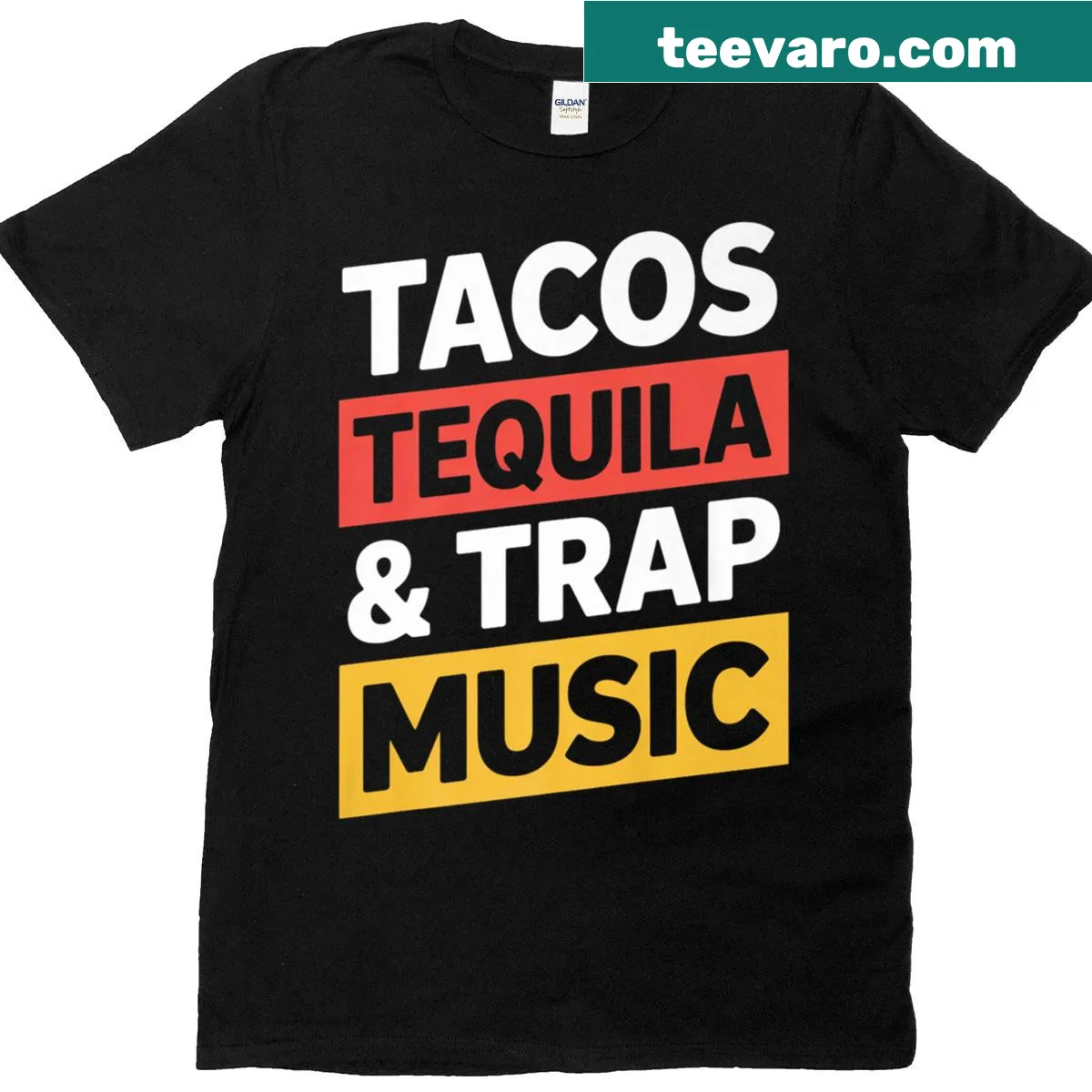 Music-themed t-shirt featuring tacos, tequila, and genre names — on a men's t-shirt