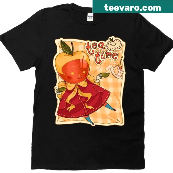 Playful t-shirt with cartoon tea party graphic featuring teapot and cups