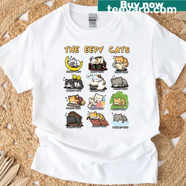 Funny T-shirt featuring illustrations of sleeping cats and puns