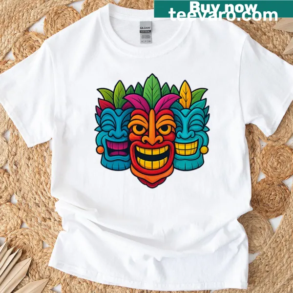 T-shirt featuring three tiki masks in a tropical design.