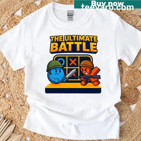 Cartoon-style t-shirt with a 'Tic Toc Ultimate Battle' graphic