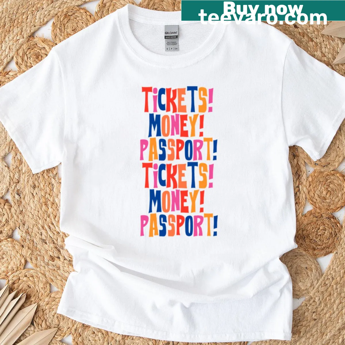 Graphic t-shirt featuring 'Tickets Money Passport' text — on a men's t-shirt