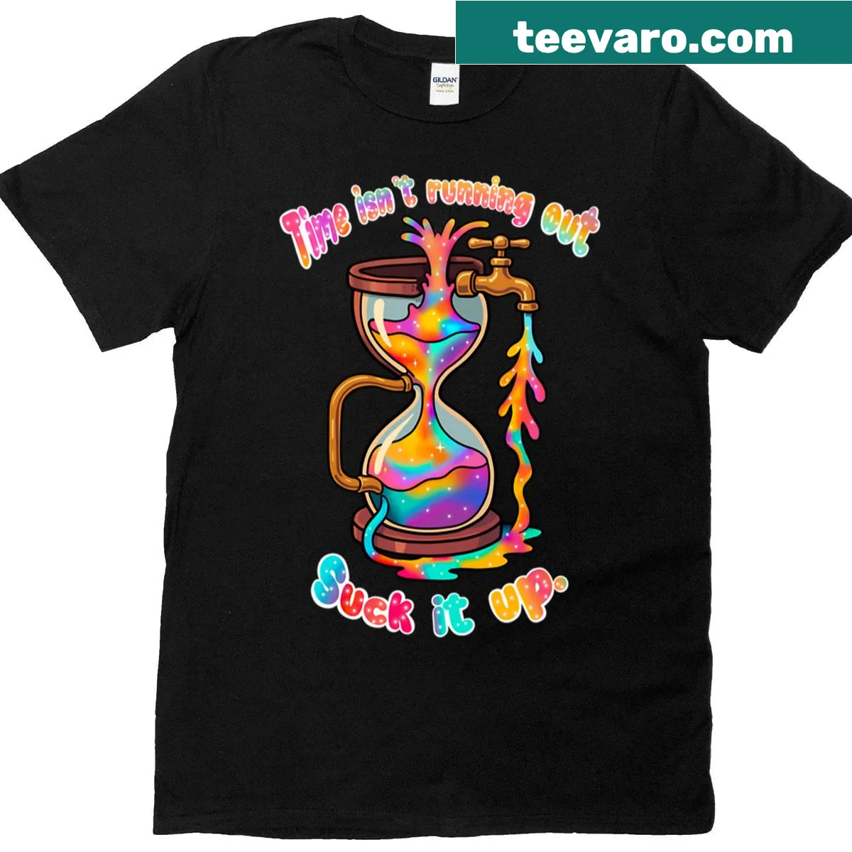 Trippy T-shirt with an overflowing rainbow hourglass design — on a men's t-shirt