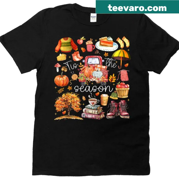 Autumn-themed t-shirt with pumpkins and leaves illustration