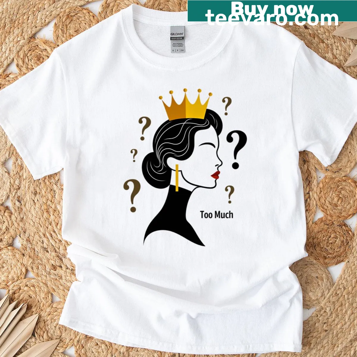 A t-shirt with the phrase 'Too Much Crow' in a playful graphic design. — on a men's t-shirt