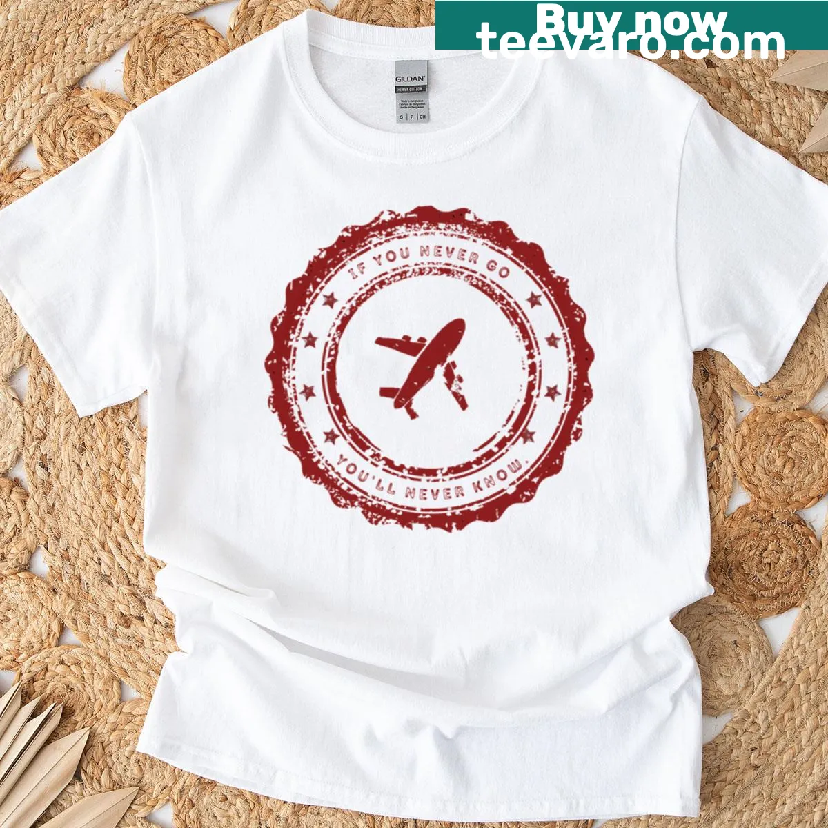 Vintage travel stamp design T-shirt with airplane graphic — on a men's t-shirt