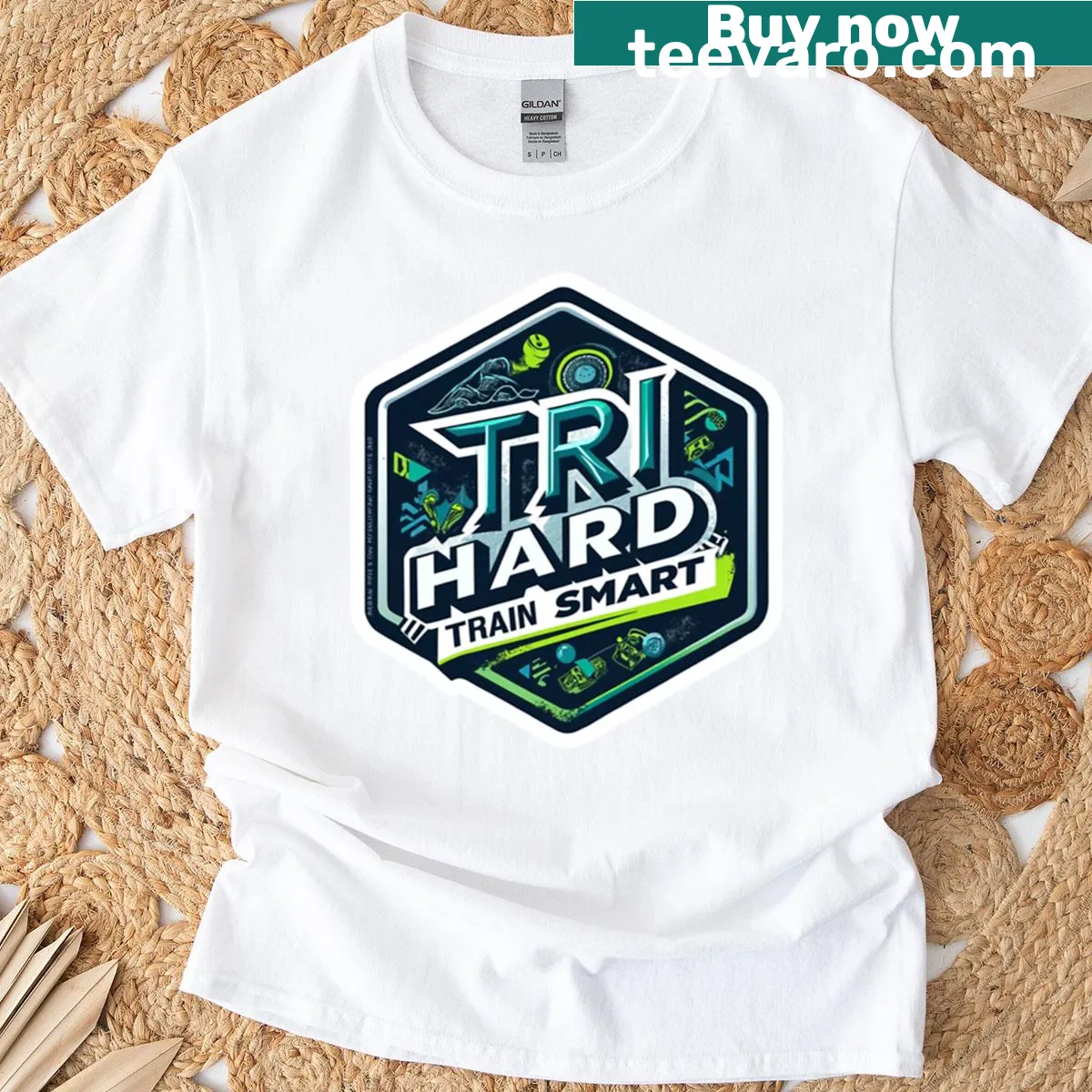 Motivational triathlon t-shirt with 'Tri Hard Train Smart' slogan — on a men's t-shirt