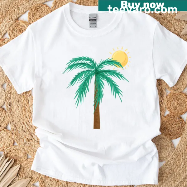 Tropical beach scene t-shirt with sun and palm trees
