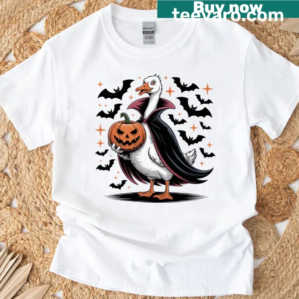 Illustration of a vampire goose on a Halloween T-shirt