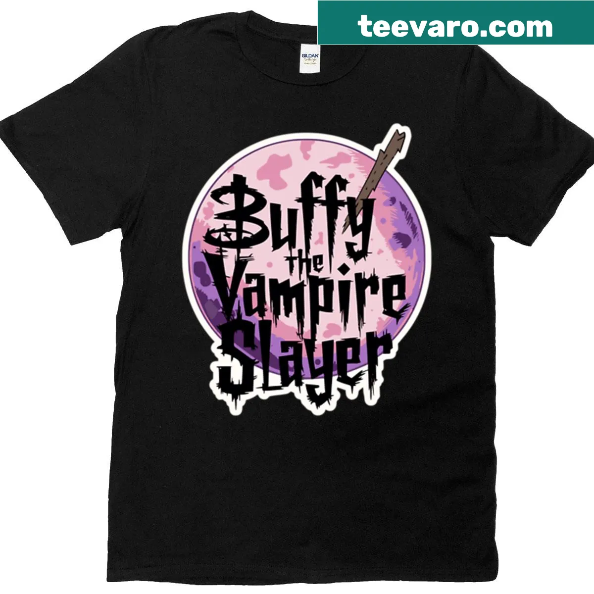Vampire slayer themed graphic t-shirt — on a men's t-shirt