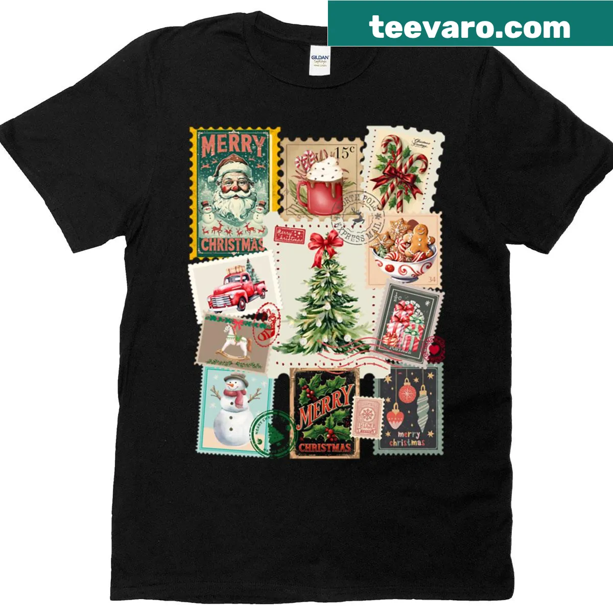 Vintage T-shirt featuring an array of holiday-themed Christmas stamps — on a men's t-shirt