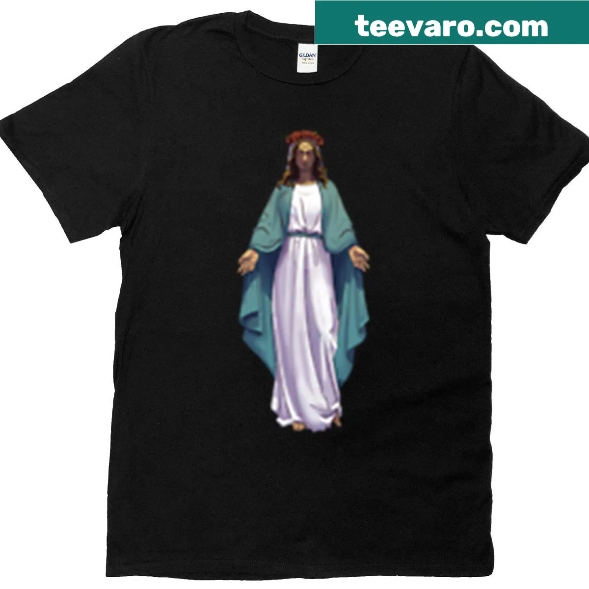 T-shirt featuring the Virgin Mary graphic — on a men's t-shirt