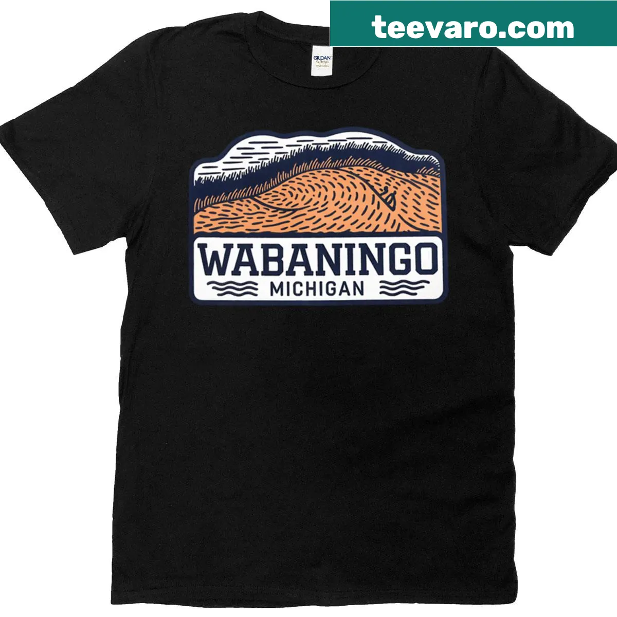 Retro line art T-shirt featuring Wabaningo Michigan sand dunes — on a men's t-shirt