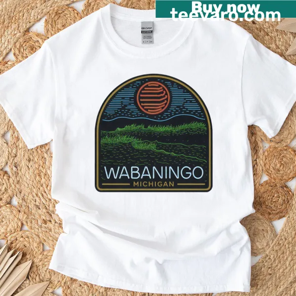 Neon light decal design of a Wabaningo, Michigan sunset on T-shirt