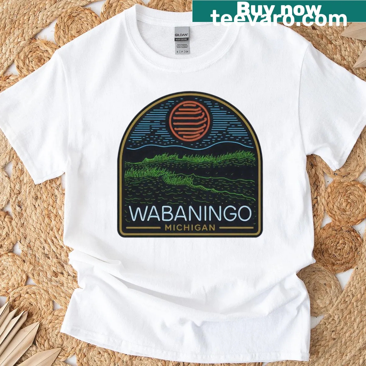 Neon light decal design of a Wabaningo, Michigan sunset on T-shirt — on a men's t-shirt