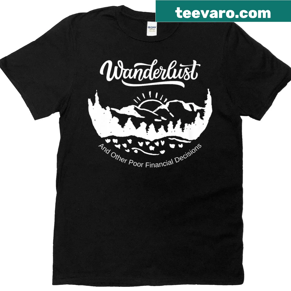 Typographic wanderlust t-shirt with humorous financial quote — on a men's t-shirt