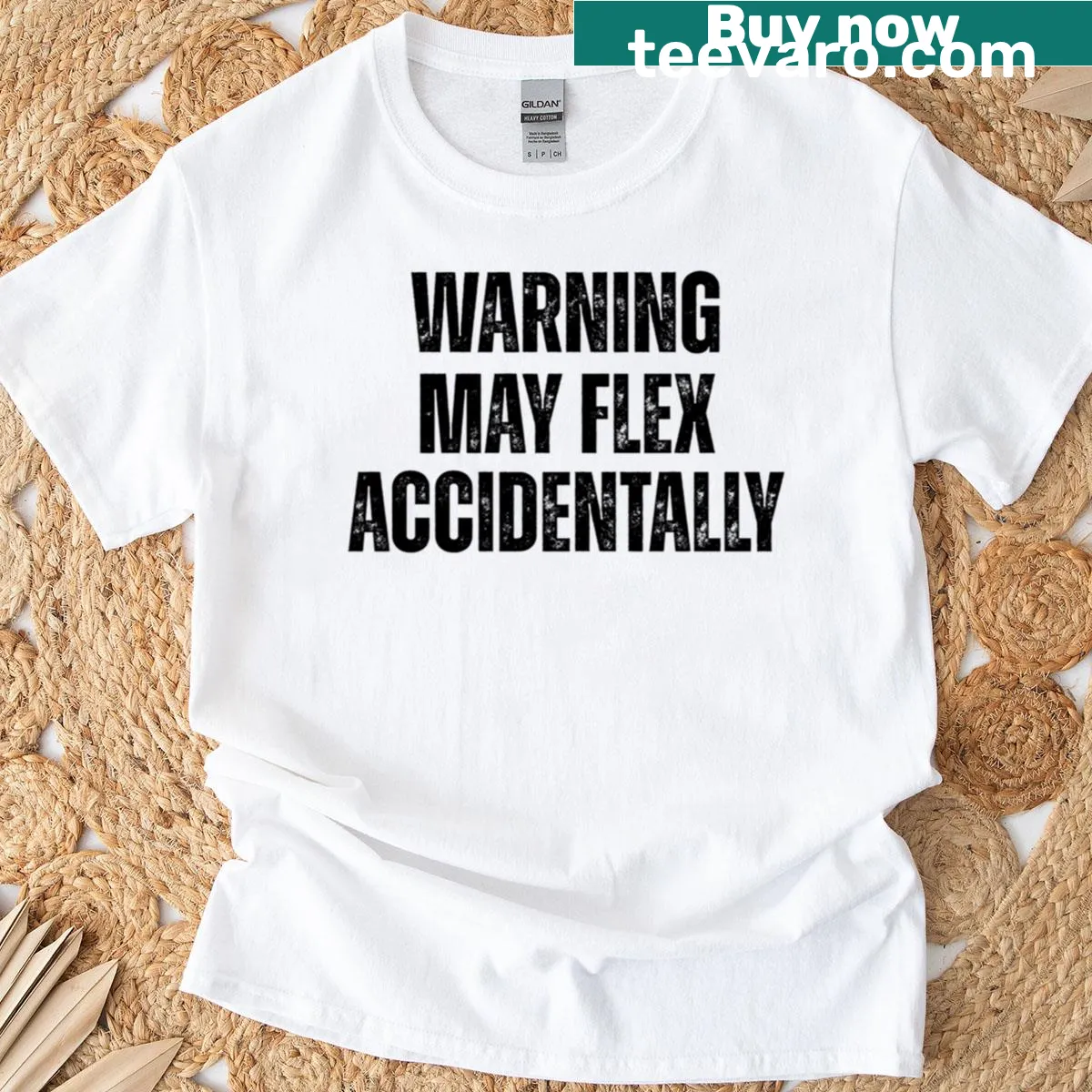 Funny workout t-shirt with 'Warning May Flex Accidentally' text design. — on a men's t-shirt