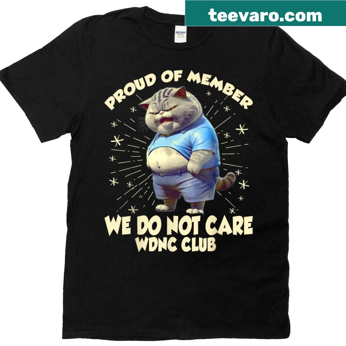 Cute cat graphic T-shirt with 'We Do Not Care Club' text — on a men's t-shirt