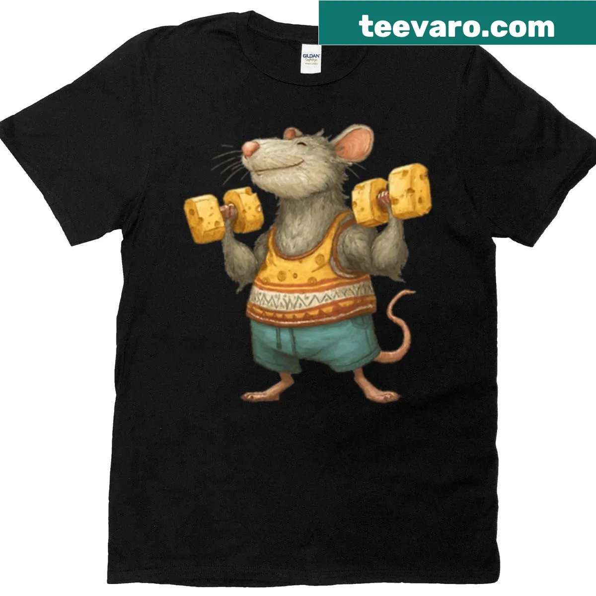 Funny t-shirt featuring a weightlifting rat graphic — on a men's t-shirt