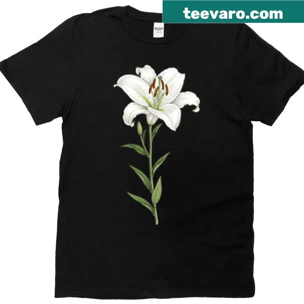 Isolated white lily flower graphic on a T-shirt.