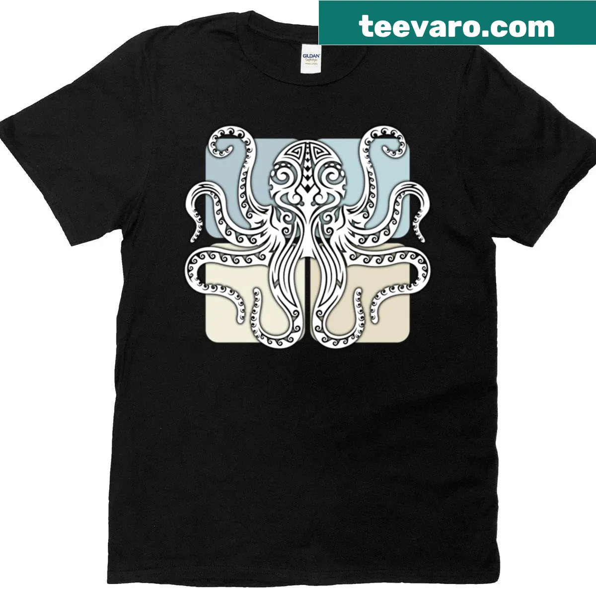 Tattoo design featuring a white octopus on a casual t-shirt. — on a men's t-shirt
