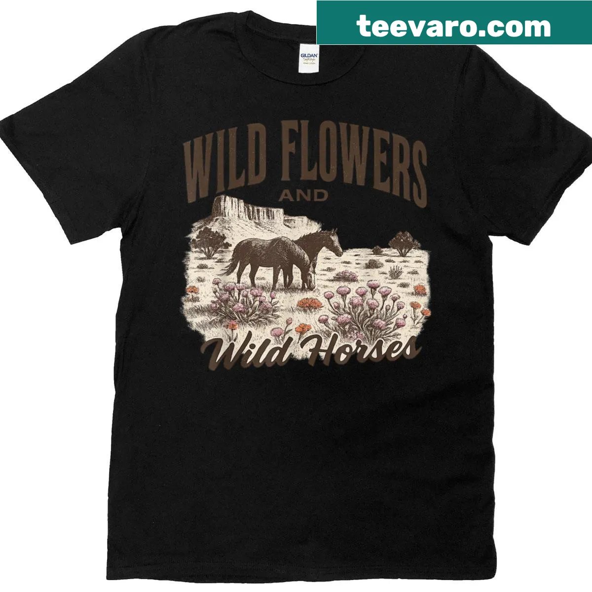 Wild flowers and horses graphic on a cowboy rodeo t-shirt. — on a men's t-shirt