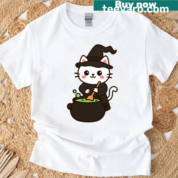 Cute witch cat illustration on a casual t-shirt