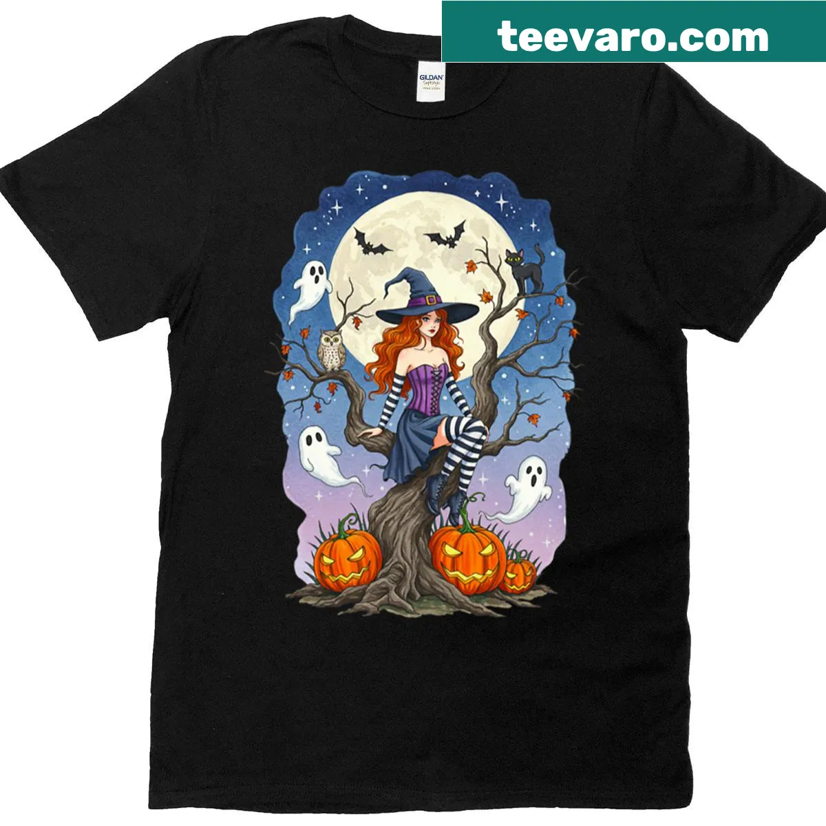 Whimsical illustration of a witch flying on a broom with a black cat — on a men's t-shirt