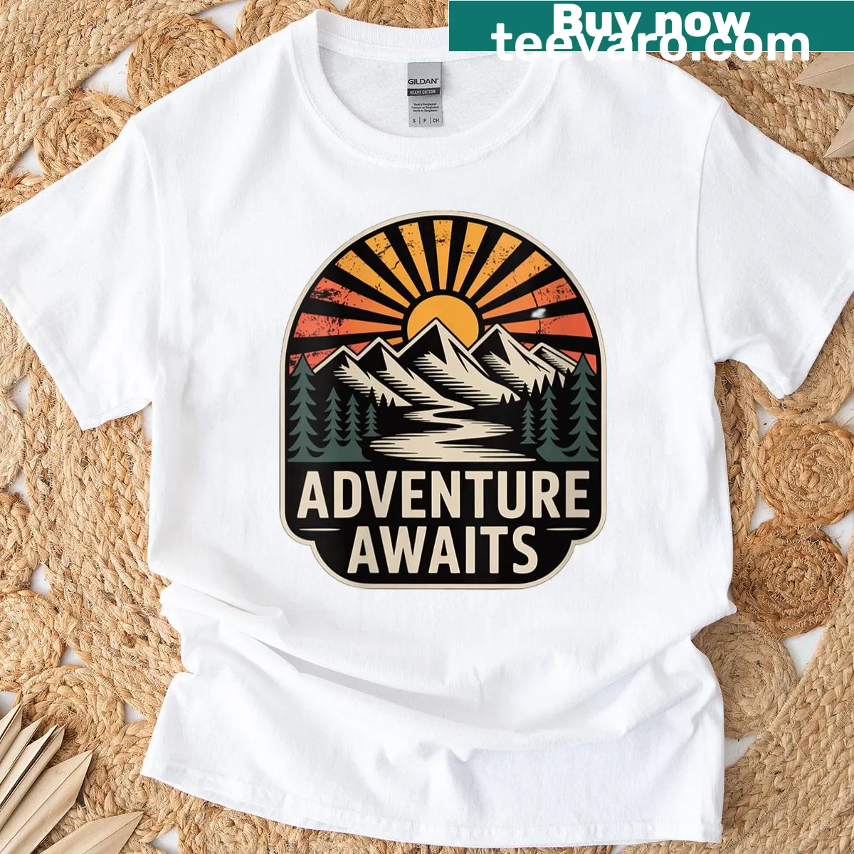 Mountain sunset graphic T-shirt for nature lovers — on a men's t-shirt