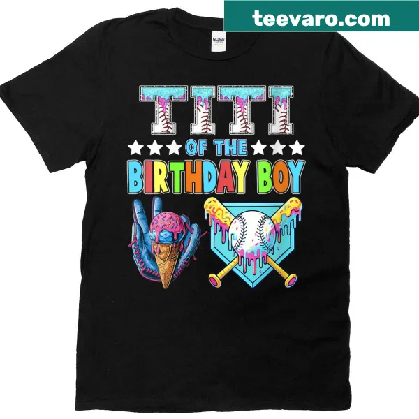Playful T-shirt with baseball and ice cream graphics for kids' birthdays.