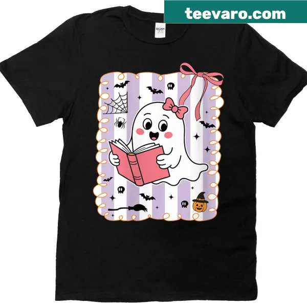 Cute T-shirt featuring a funny ghost reading a book for Halloween.