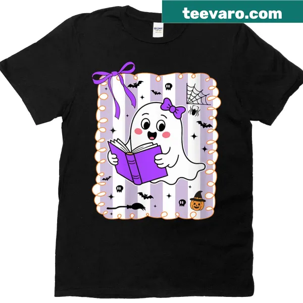 Cartoon ghost reading a book for Halloween, perfect for teachers