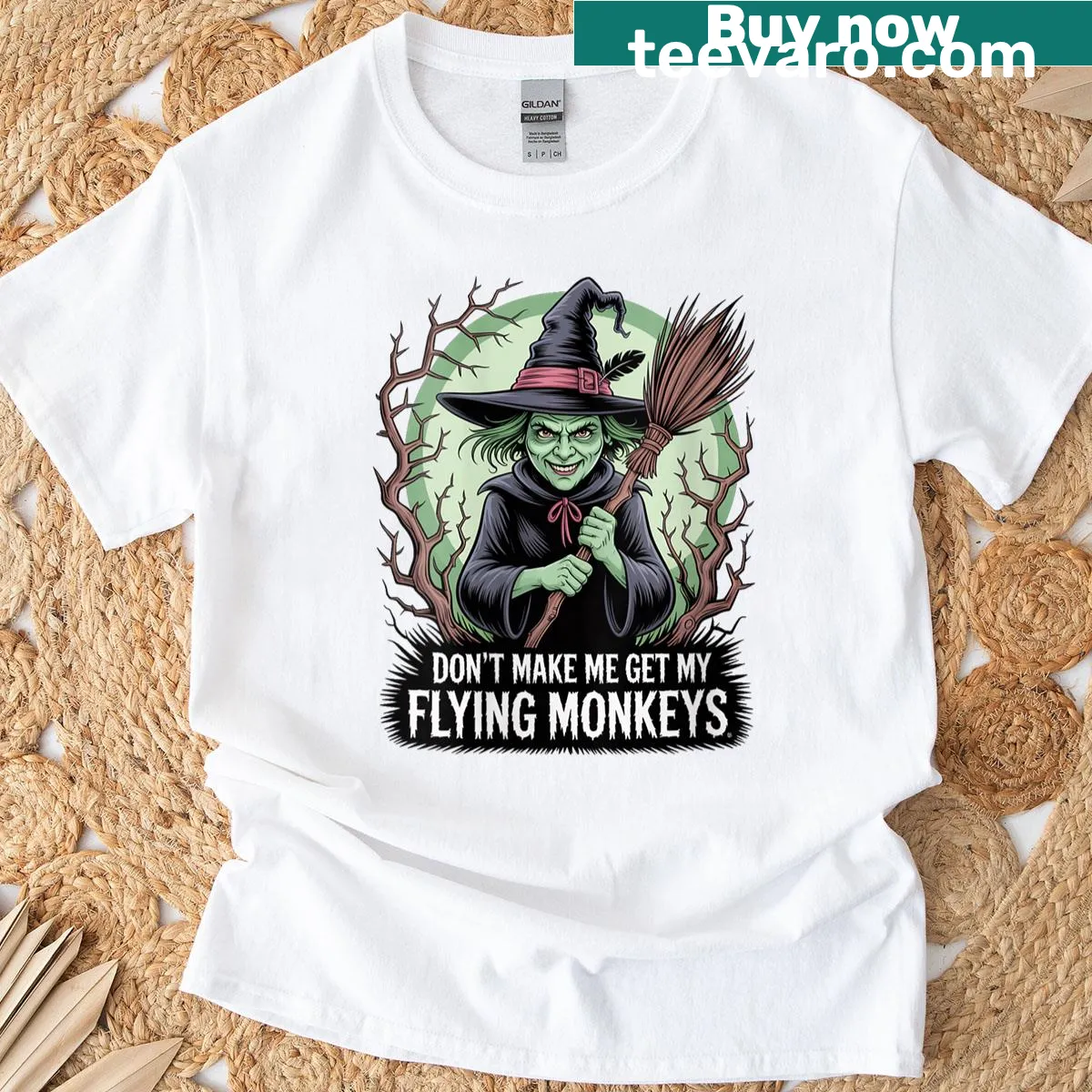 Funny Wicked Witch t-shirt with flying monkeys graphic and text — on a men's t-shirt